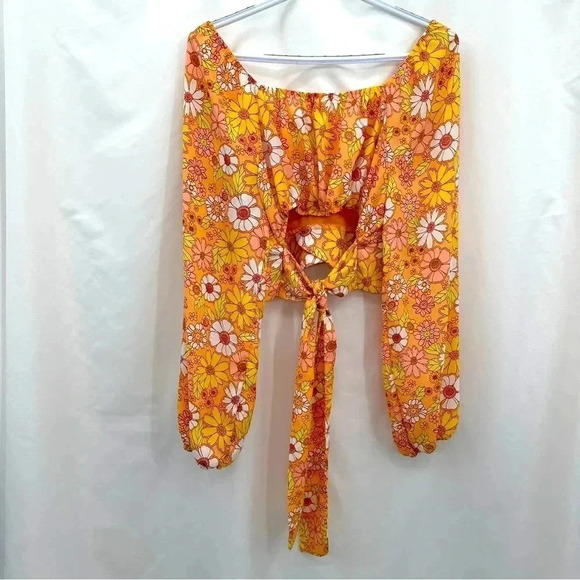 Madden NYC Juniors Floral Crop Top XL Yellow Orange Cropped Back Tie Long Sleeve - Picture 5 of 15